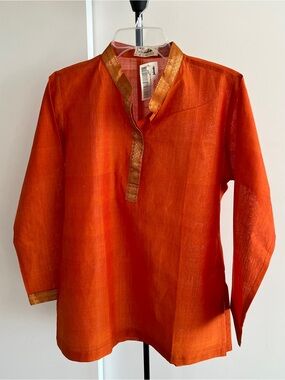 NWT Fabindia Kurta Tunic Top Blouse Orange 🍊 & Gold Zari 100% Cotton Nehru Col L